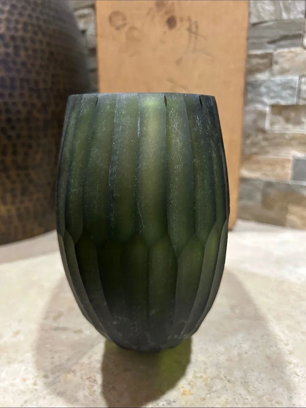 Reptilia frosted olive-green ribbed glass vase